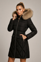 Women's black quilted puffer coat with faux fur hood elegant winter style