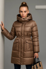 Women's brown padded winter coat with hood and front pockets