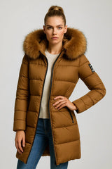 Women's camel brown puffer coat with faux fur hood - long winter jacket