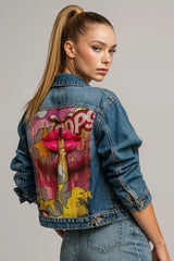 Women's denim jacket with colorful pop art graphic back print – trendy streetwear