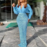 European And American Embroidered Beaded Sky Blue Evening-1