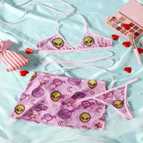 Three-piece Swimsuit Women's High Waist Printed-Pink-1