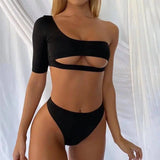Solid Color Bikini European And American Half Sleeve-Black-1