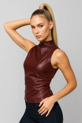 Burgundy faux leather sleeveless top with high neck for wome
