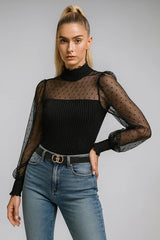 Elegant black sheer mesh top with long puff sleeves for women