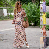 Summer Chic: Geometric Printed V-Neck Long Dress with Slit & Long Sleeves