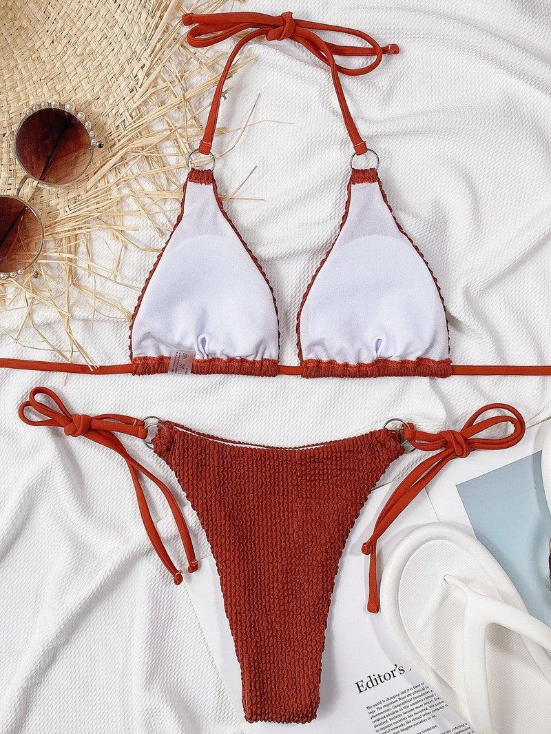 Textured Halter Neck Tie Side Bikini Set-16