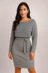 2 adet Takım Kadın Düz Çizgili Uzun Kollu Üst ve Dar Askı Etek Moda Sonbahar Kış İnce Giyim