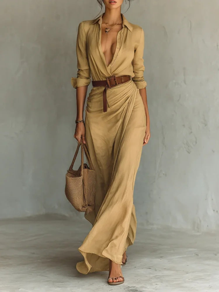 Chic Belted Irregular Long Shirt Dress