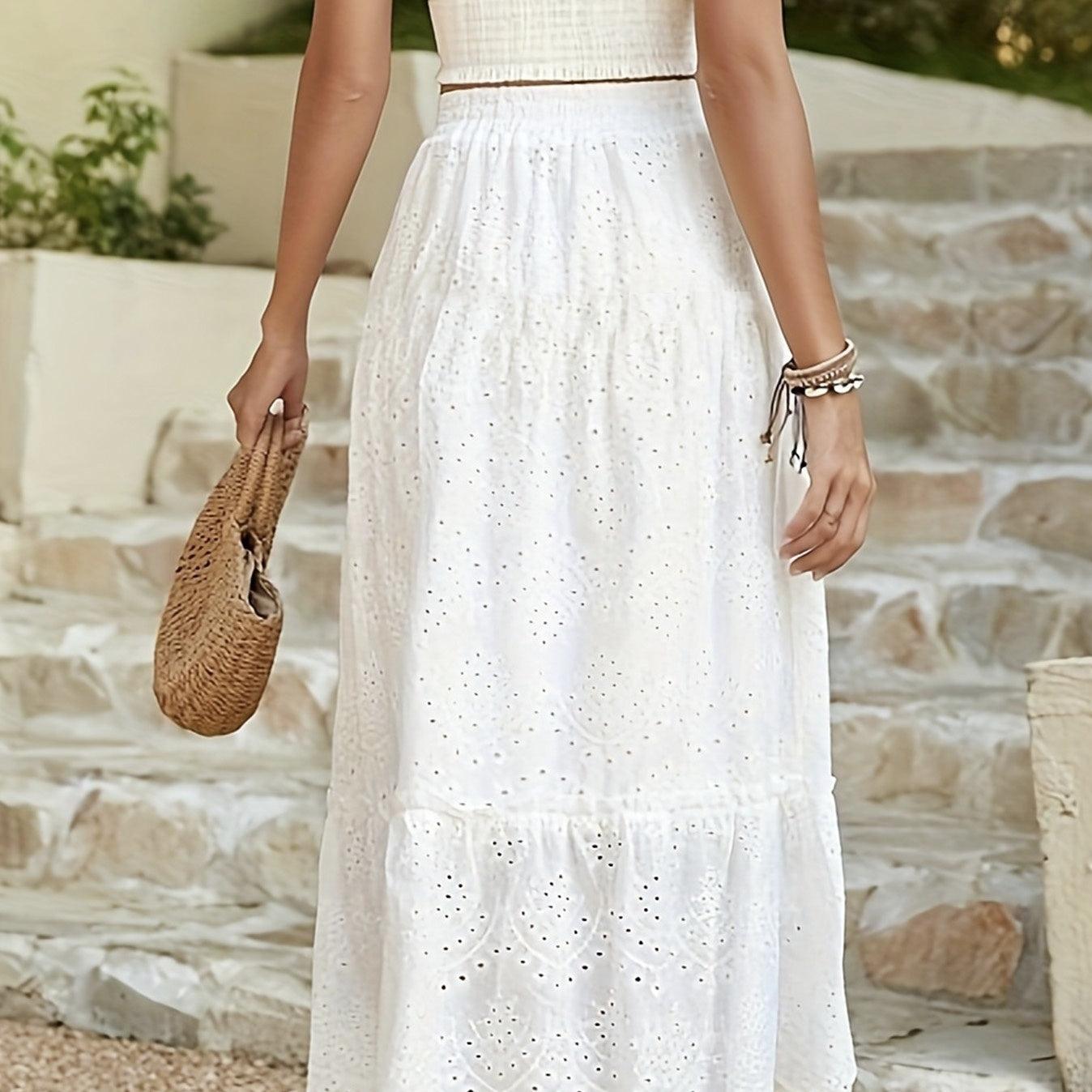 Ladies' Solid Color Swing Skirt with Hollow Flower Details & Hanging Pleats