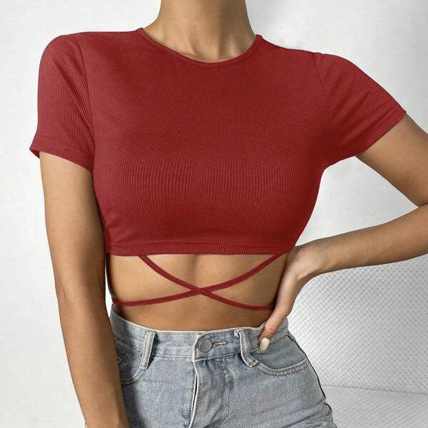 Ladies' Solid Color Cross-Tie Short Sleeve Top – Round Neck, Tight Fit