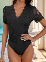 Perfee V-Neck Short Sleeve Lace Bodysuit-Black-1