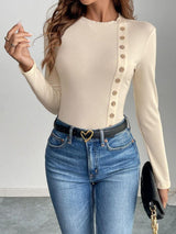 Perfee Decorative Button Round Neck Long Sleeve Bodysuit-4