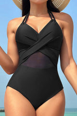 Crisscross Halter Neck One-Piece Swimwear-Black-1