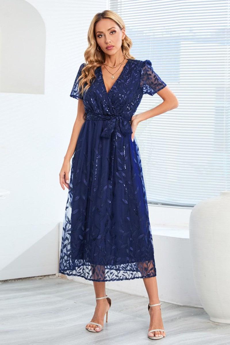 Sequin Leaf Embroidery Tie Front Short Sleeve Dress-2