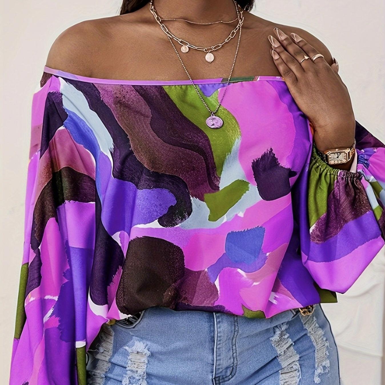Ladies' Off-Shoulder Printed Lantern Sleeve T-Shirt – Casual & Stylish