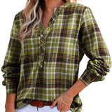 Plaid V-Neck Button Down Blouse