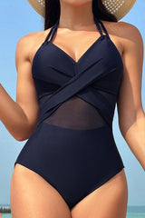 Crisscross Halter Neck One-Piece Swimwear-Dark Blue-4