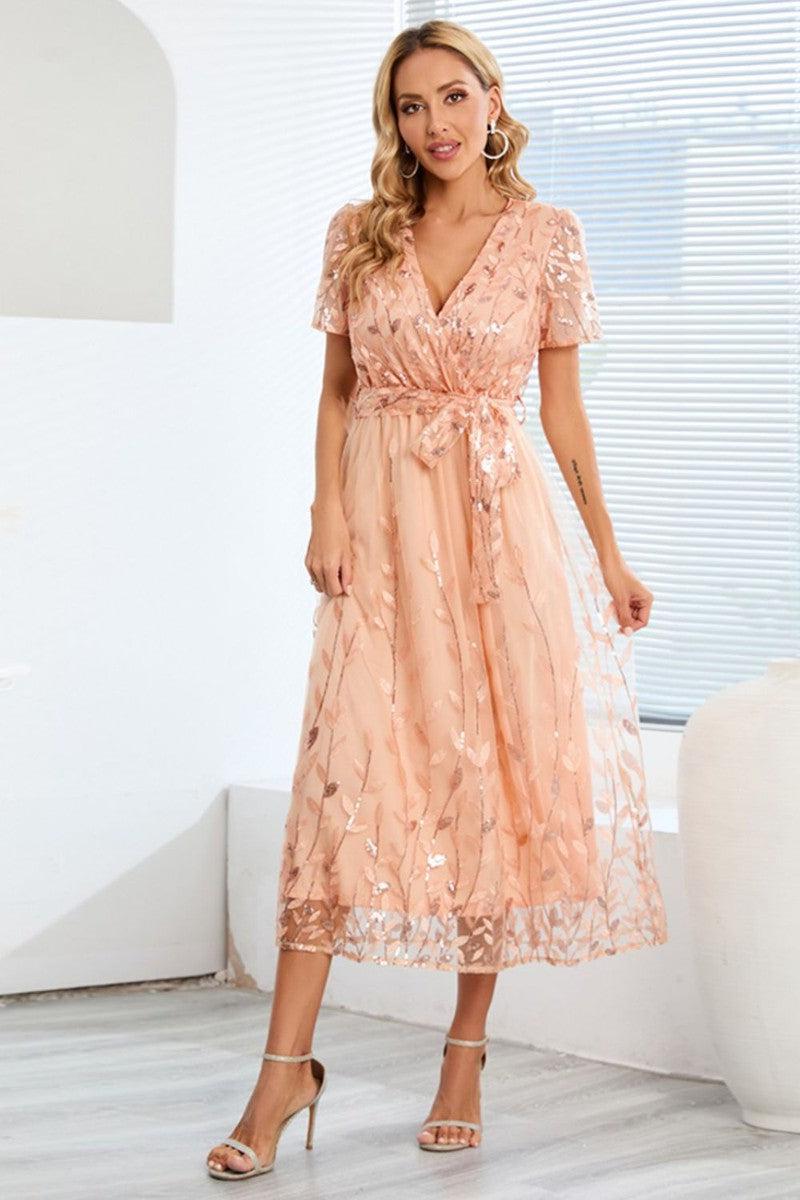 Sequin Leaf Embroidery Tie Front Short Sleeve Dress-Tan-22