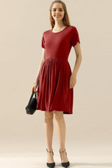 Ninexis Full Size Round Neck Ruched Dress with Pockets-BURGUNDY-7