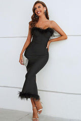 Feather Trim Strapless Sweetheart Neck Dress-4