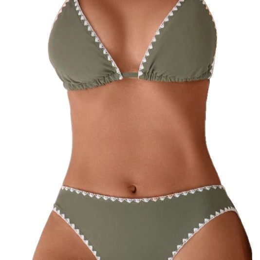 Solid-color Floral-print Halter-style Two-piece Swimsuit