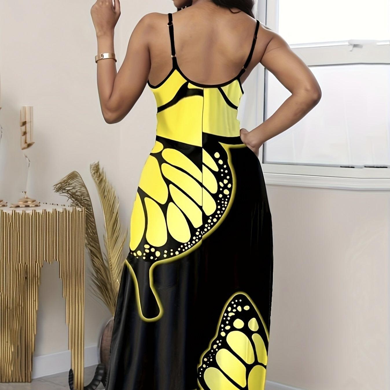 Ladies' V-Neck Elegant Butterfly Print Maxi Dress – Stylish and Comfortable Black Long Skirt Dress