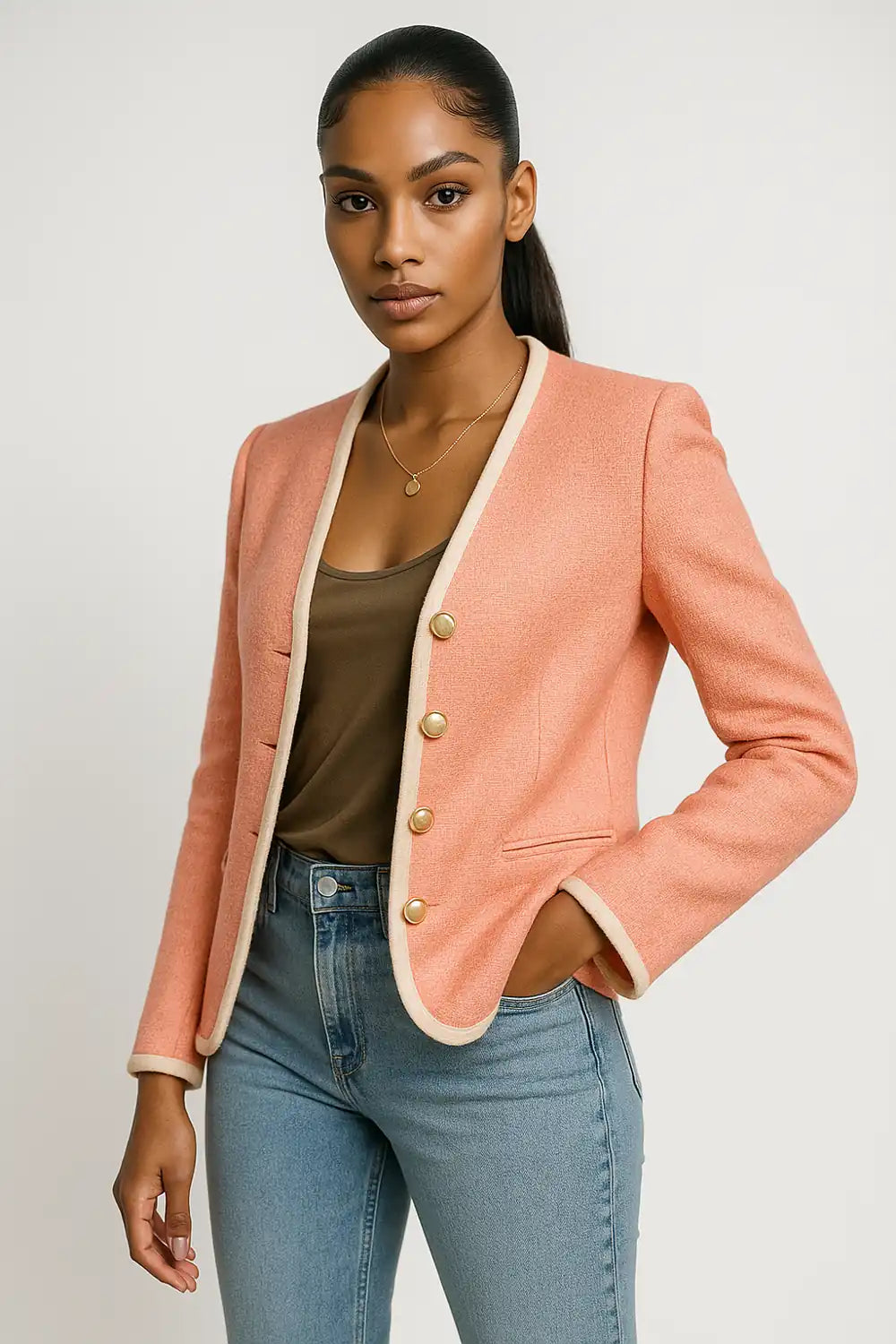 Elegant peach pink blazer for women – chic fitted jacket with gold buttons for work or casual wear