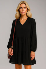 Şifon Uzun Kollu V Yaka A- Line Orijinal Elbise