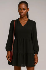 Şifon Uzun Kollu V Yaka A- Line Orijinal Elbise