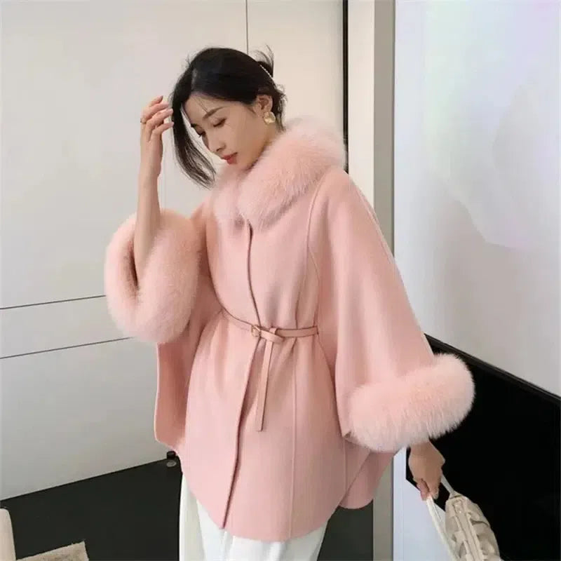 Fur Sleeve Detachable Real Fox Fur Collar Coat Wool 2024 New Autumn Winter Women's Warm A-line Jacket Luxury Thick Female Coat-4