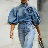 Vintage Puff-Sleeve Denim Blouse with Statement Bow-Blue-2