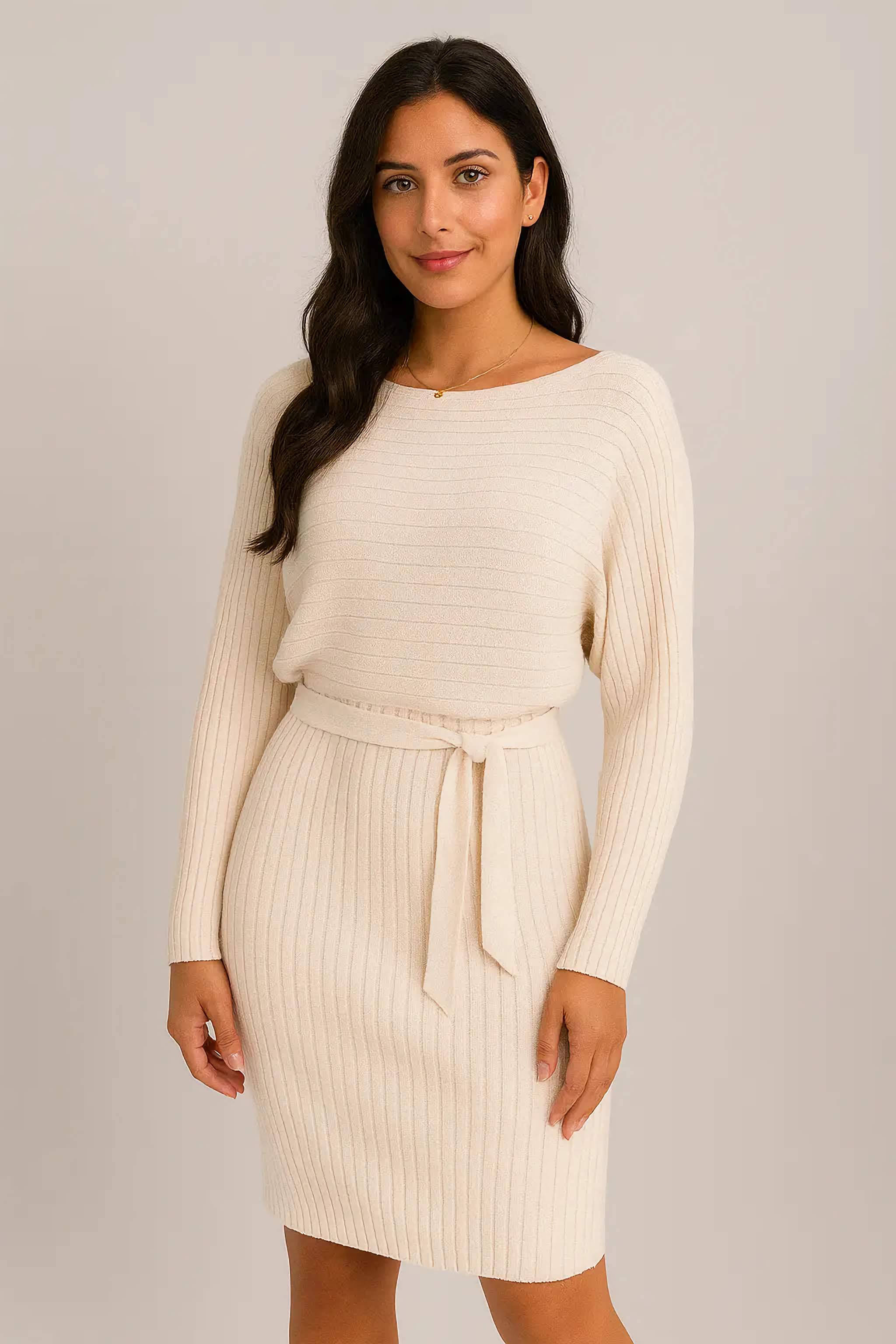 2 adet Takım Kadın Düz Çizgili Uzun Kollu Üst ve Dar Askı Etek Moda Sonbahar Kış İnce Giyim