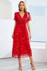 Sequin Leaf Embroidery Tie Front Short Sleeve Dress-Deep Red-15