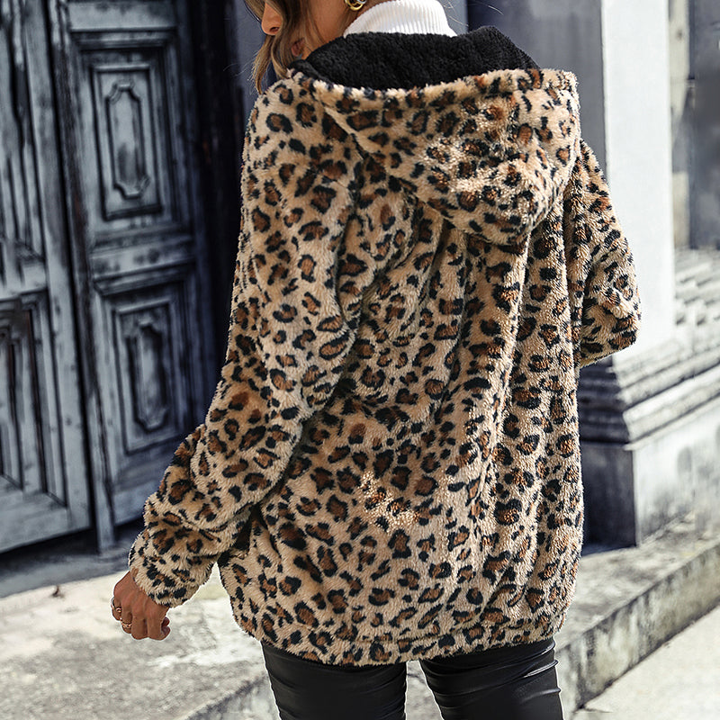 Fuzzy Leopard Zip-Up Hooded Jacket