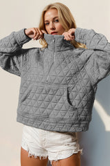 Double Take Half Zip Long Sleeve Quilted Sweatshirt with Pocket-Gray-3