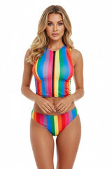 Dive into color with our rainbow zip swim set — zip-front tankini + matching bottoms in bold stripe design. Playful yet sleek. | LOVEMI