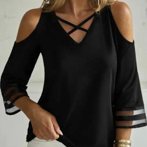 Ladies' Solid Color Off Shoulder T-Shirt with Collar Cross Design – Casual & Stylish