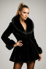 Women's short black faux fur coat with wide collar and cuffs - chic winter fashion