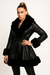 Women’s black faux leather coat with black faux fur trim – luxury belted winter jacket for elegant cold-weather looks