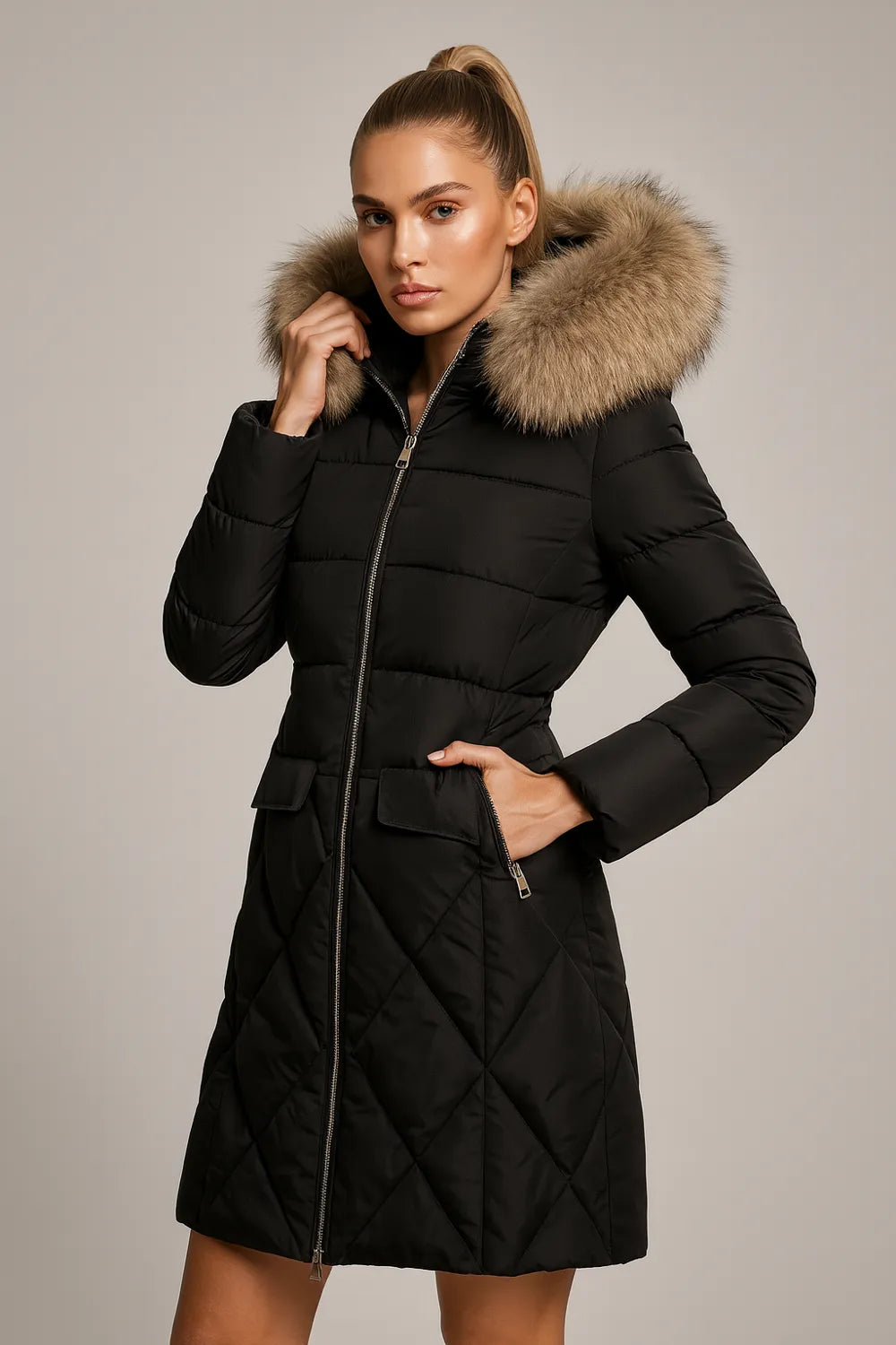 Women's black quilted puffer coat with faux fur hood elegant winter style