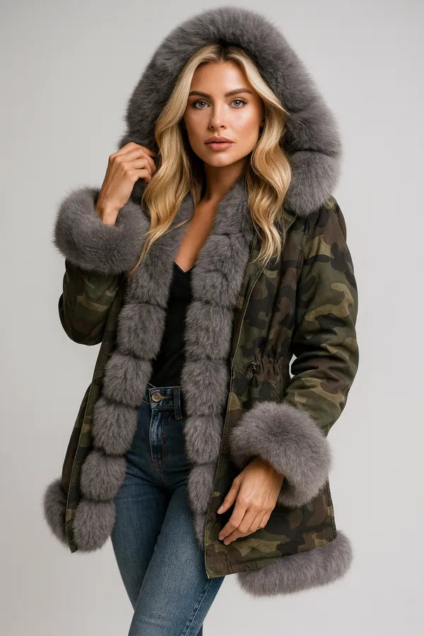 Women's camouflage parka with gray faux fur hood and cuffs - trendy winter jacket