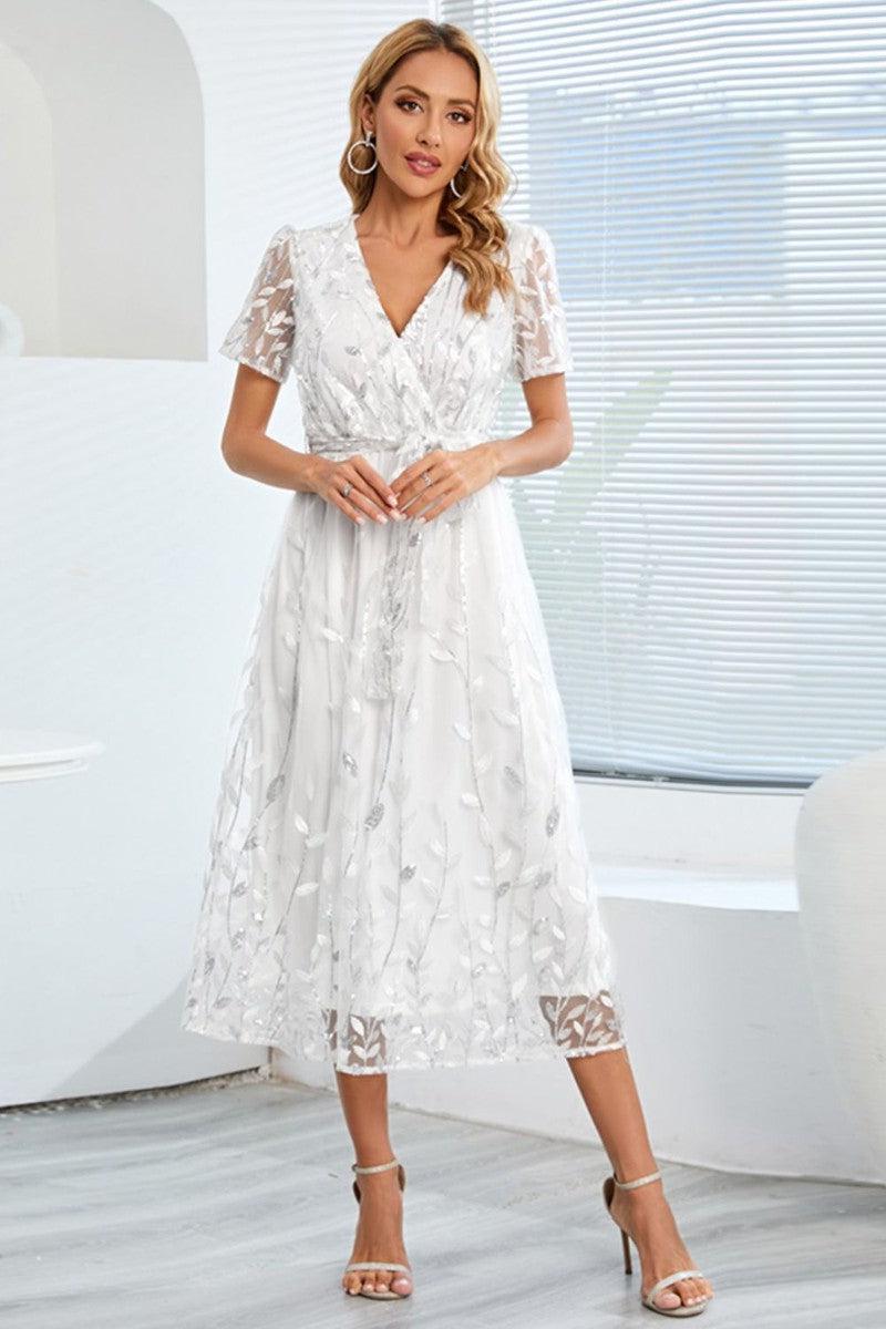 Sequin Leaf Embroidery Tie Front Short Sleeve Dress-9