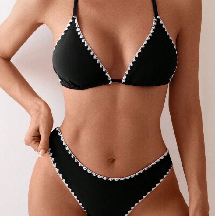 Solid-color Floral-print Halter-style Two-piece Swimsuit