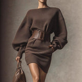 Brown Belted Bodycon Mini Dress