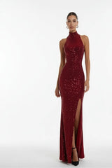 Elegant red sequin evening gown with high neckline and side slit for women