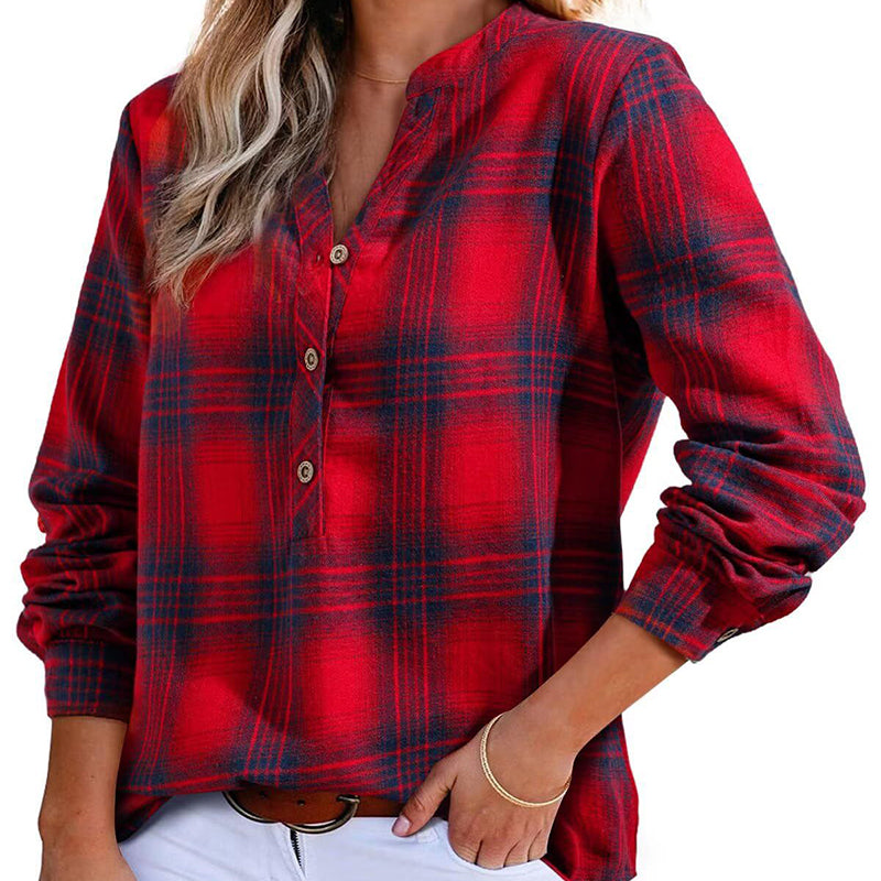 Plaid V-Neck Button Down Blouse