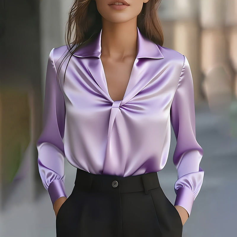 Satin Ruffle V-Neck Blouse