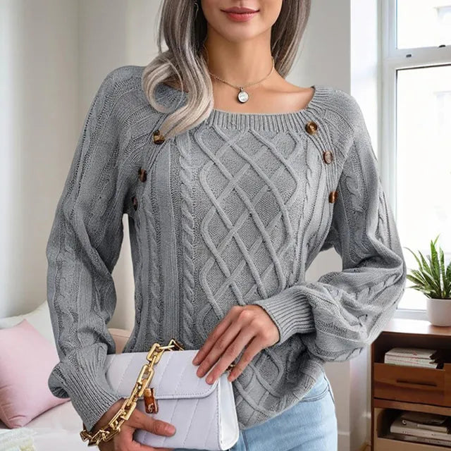 Women’s grey cable-knit sweater with button accents – warm casual pullover