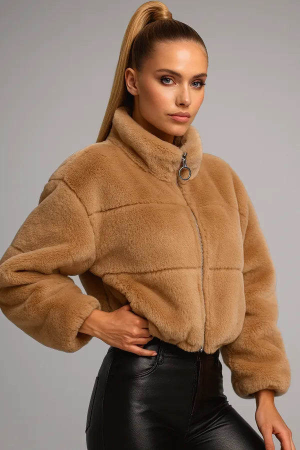 Women's cropped brown faux fur jacket with zipper - trendy winter outerwear
